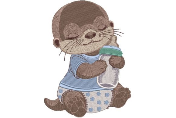 Baby Otter with Bottle of Milk Embroidery Design