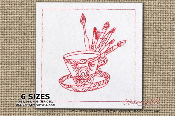 Coffee with Paint Brush Redwork